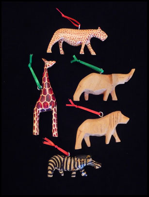 Wooden Safari Animal Ornaments kenya animals elephants. Wooden Safari Animal Ornaments