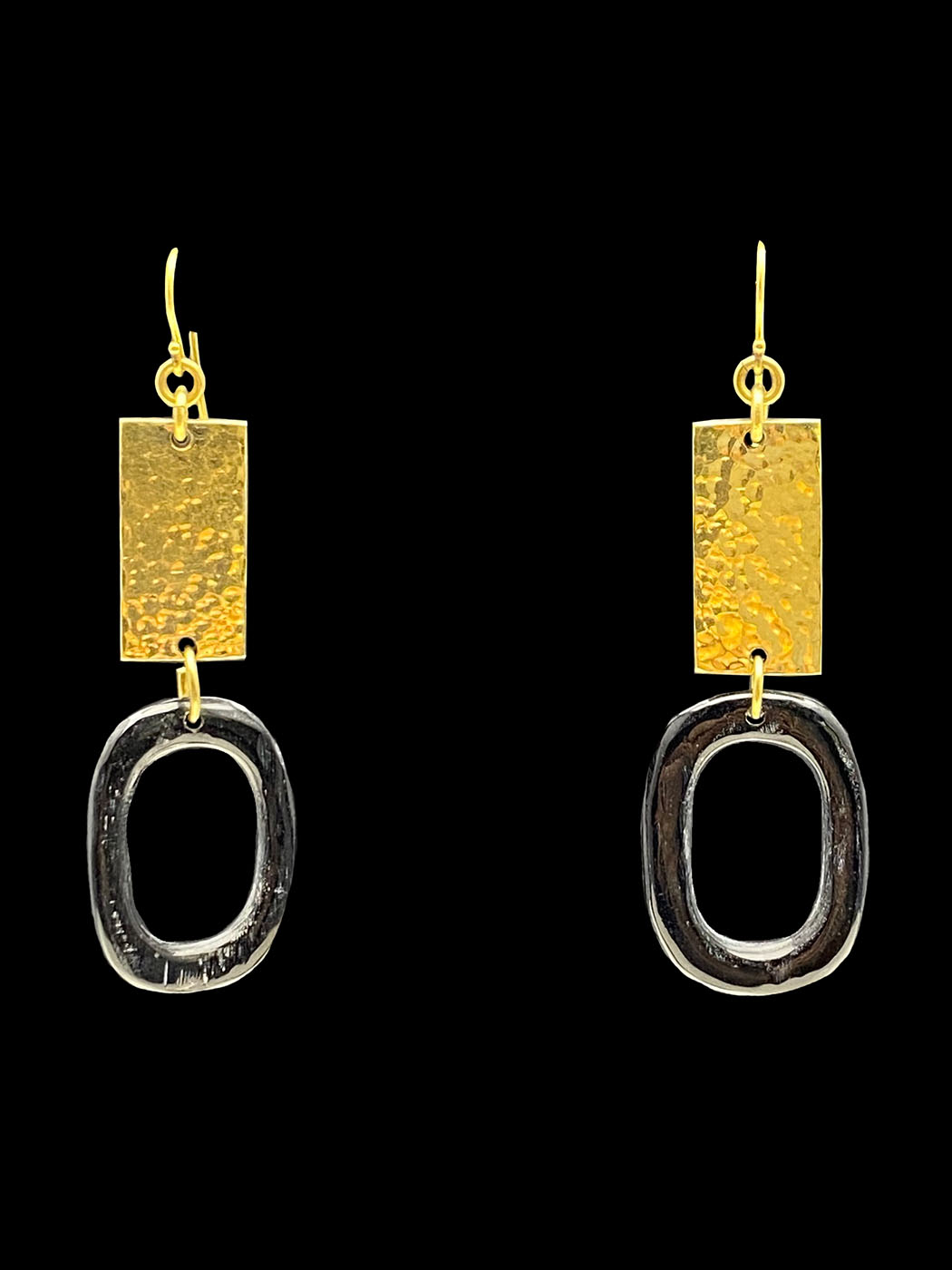 Rectangular Hammered Brass and Horn Earrings - Kenya