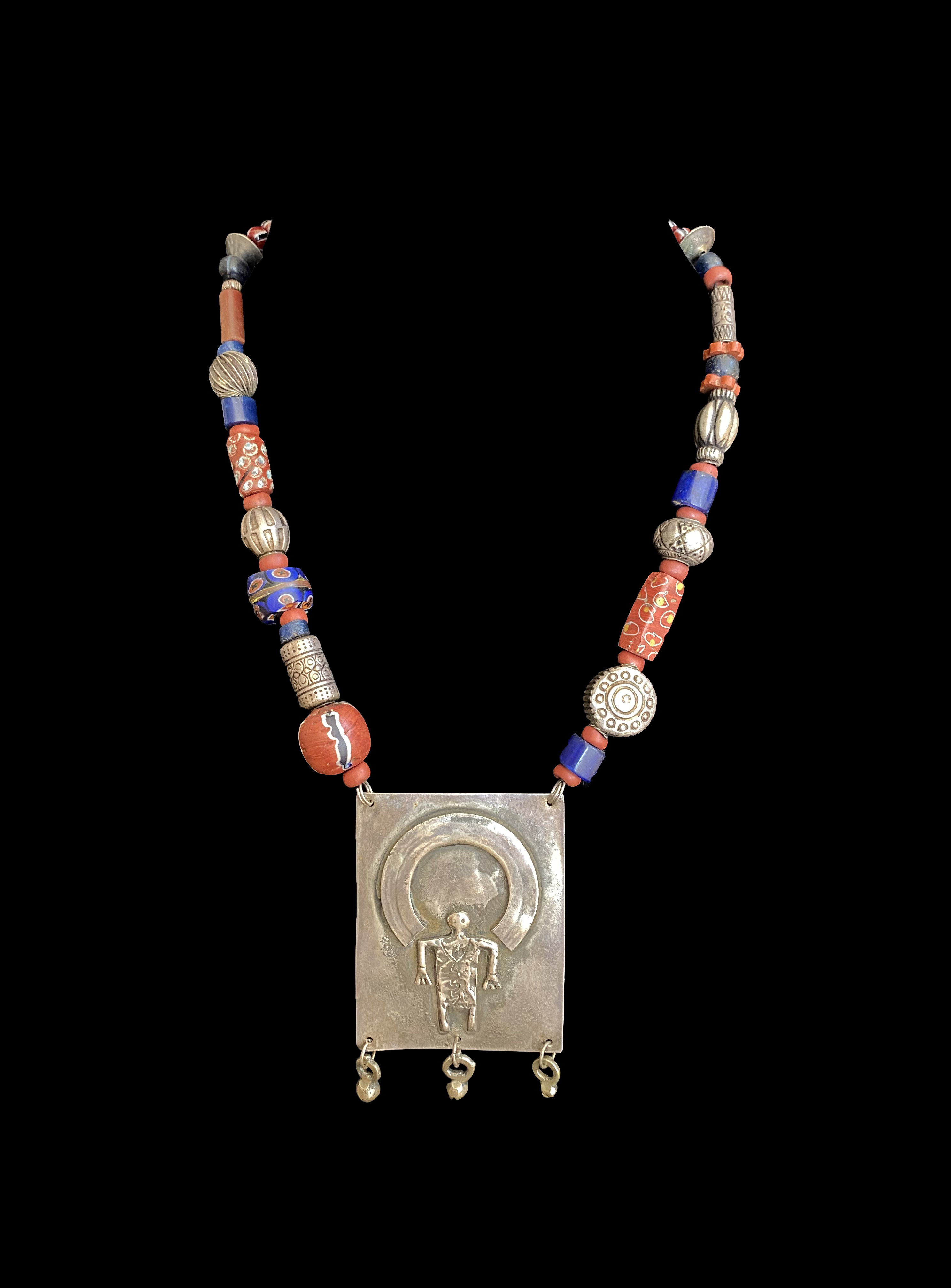 Trade Bead Necklace with Tribal Silver Pendant with Figure
