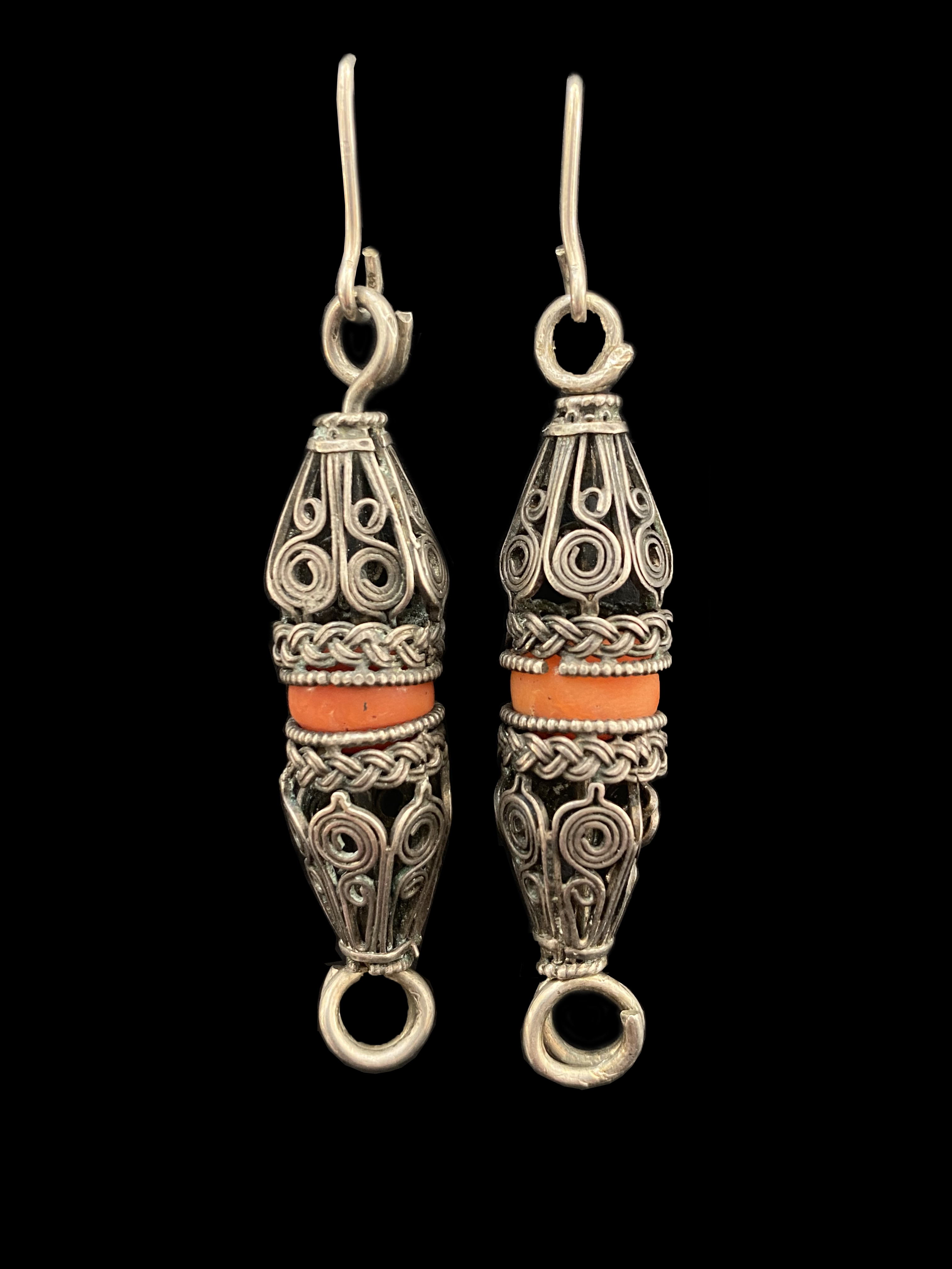 Coral and Tribal Silver Earrings - Morocco - BR134
