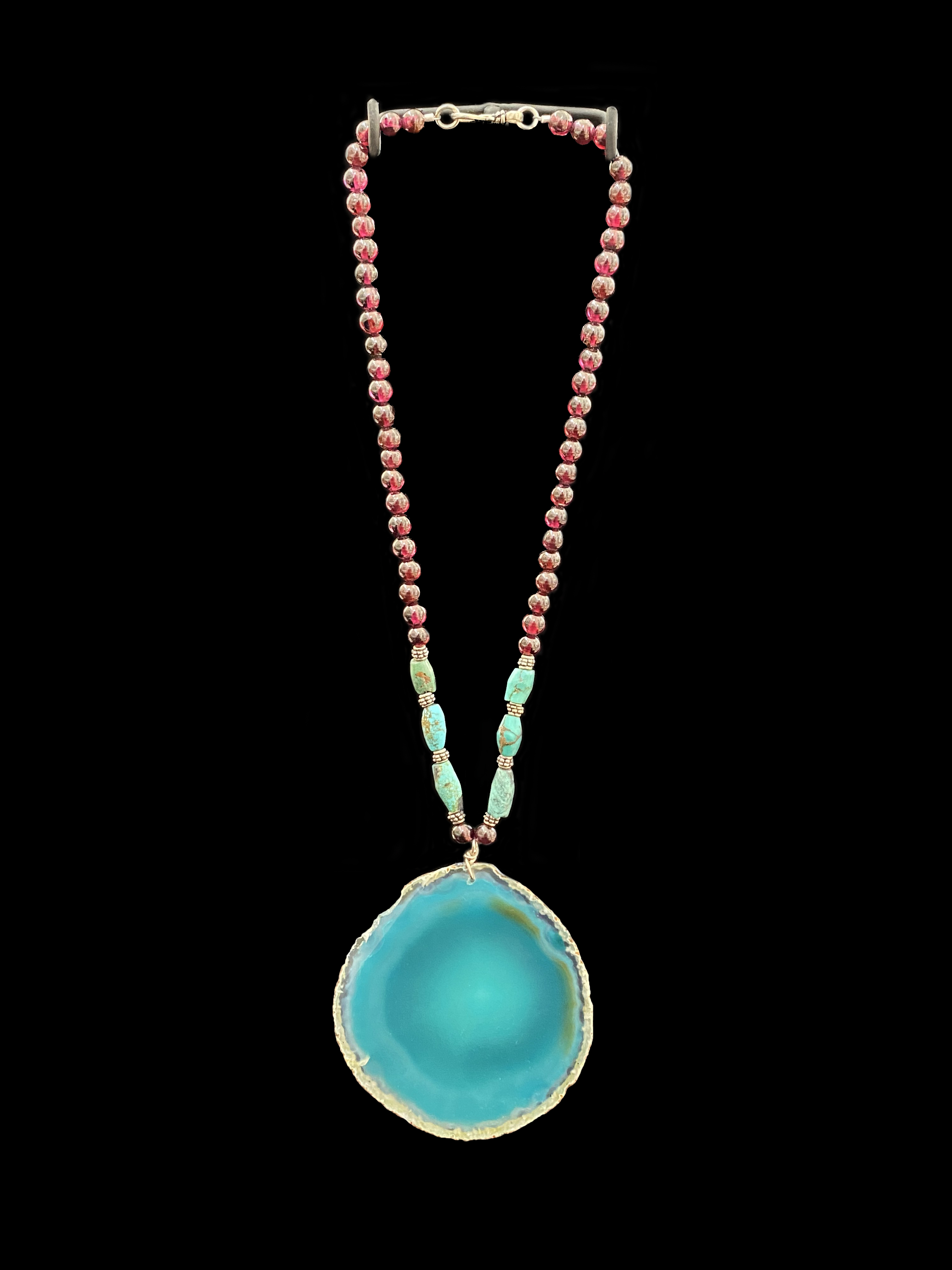 Agate, Garnet,Turquoise and Sterling Silver Necklace