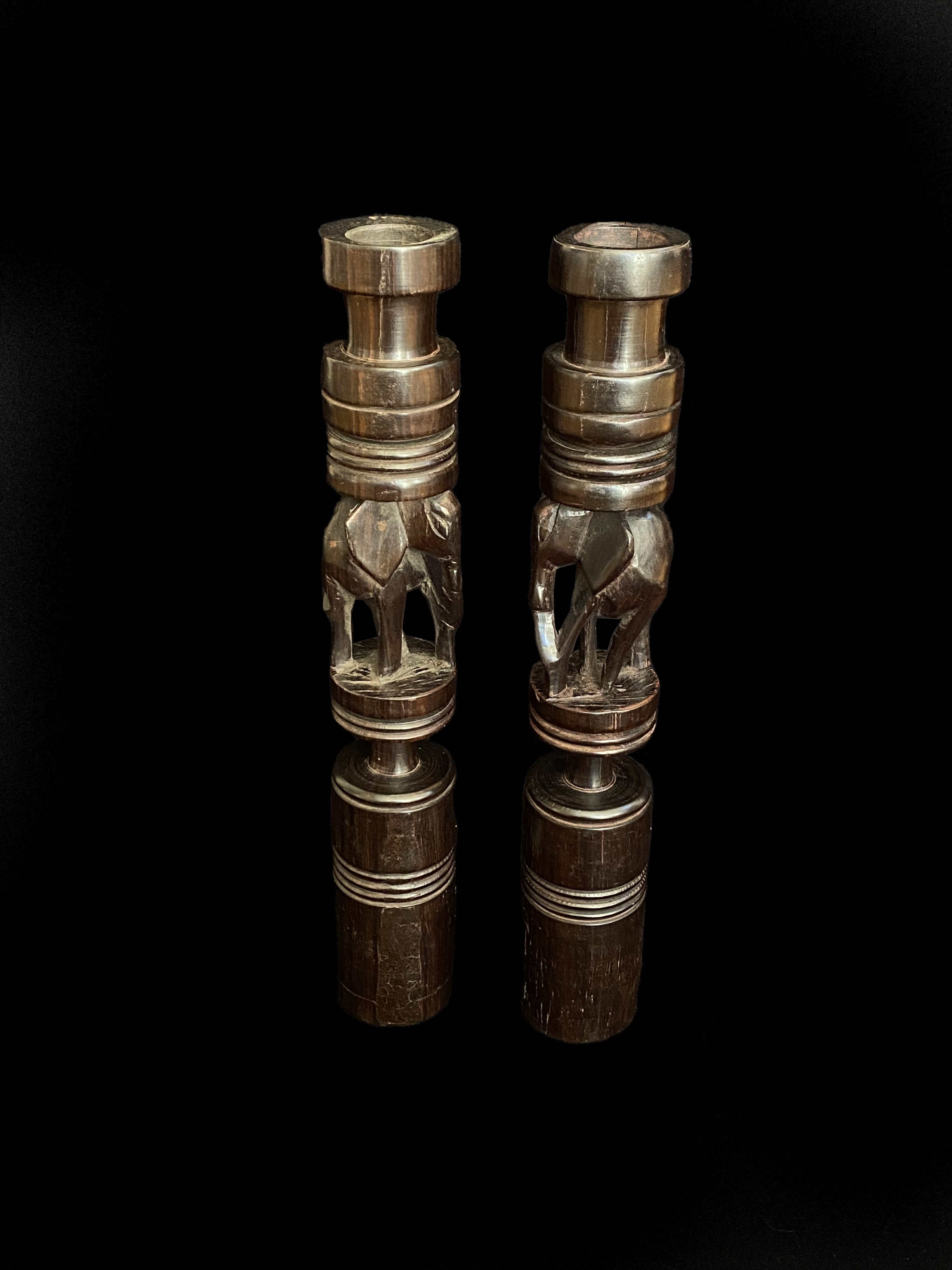 Pair of Elephant Ebony Wood Candleholders - Kenya