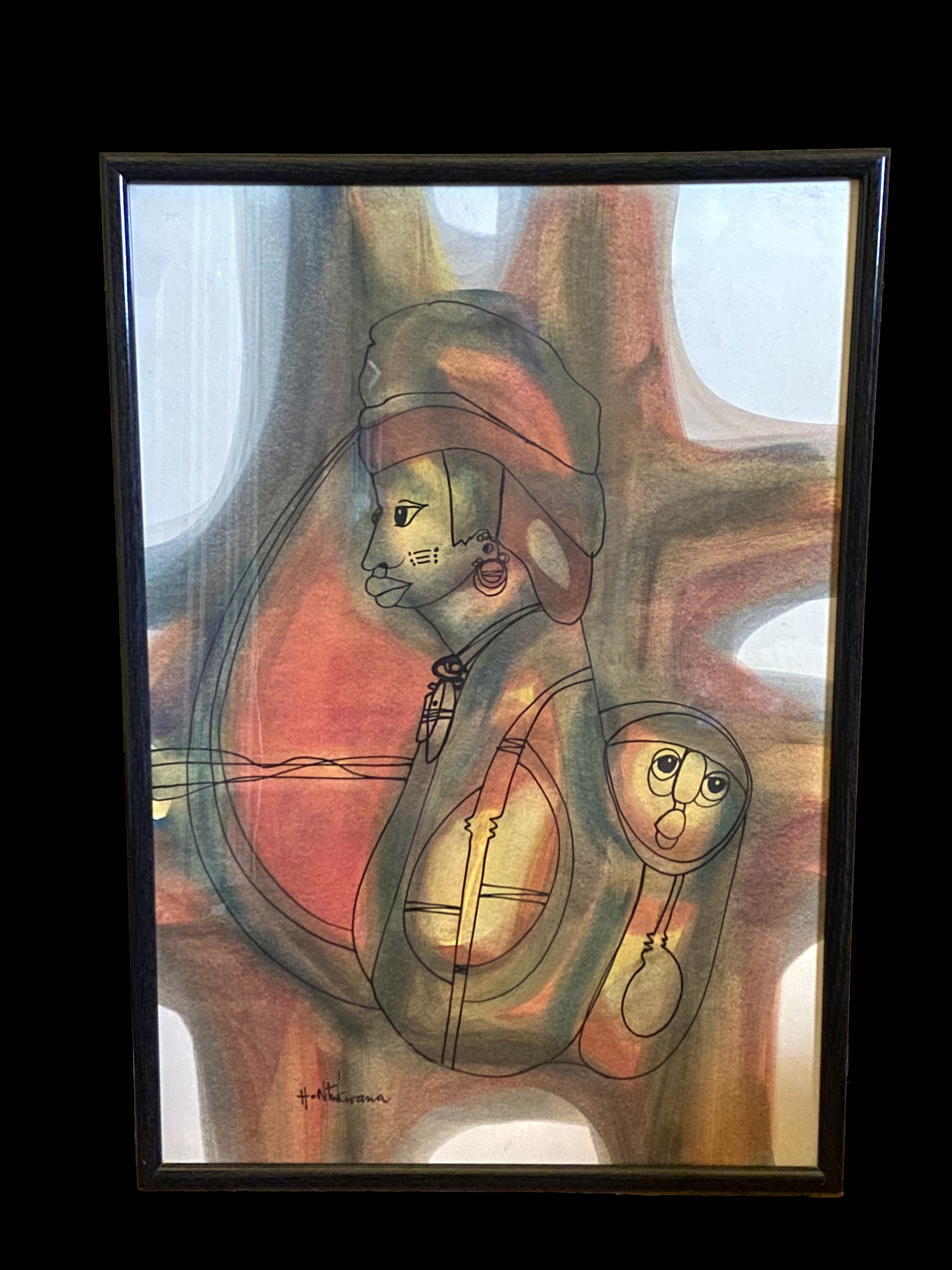 Original Watercolor and Ink Framed Painting of a Mother and Child Signed by Hargreaves Ntukwana (1938-1999) - South Africa