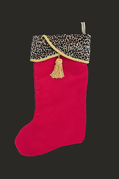 Red Velvet Christmas Stocking with Leopard Print Top