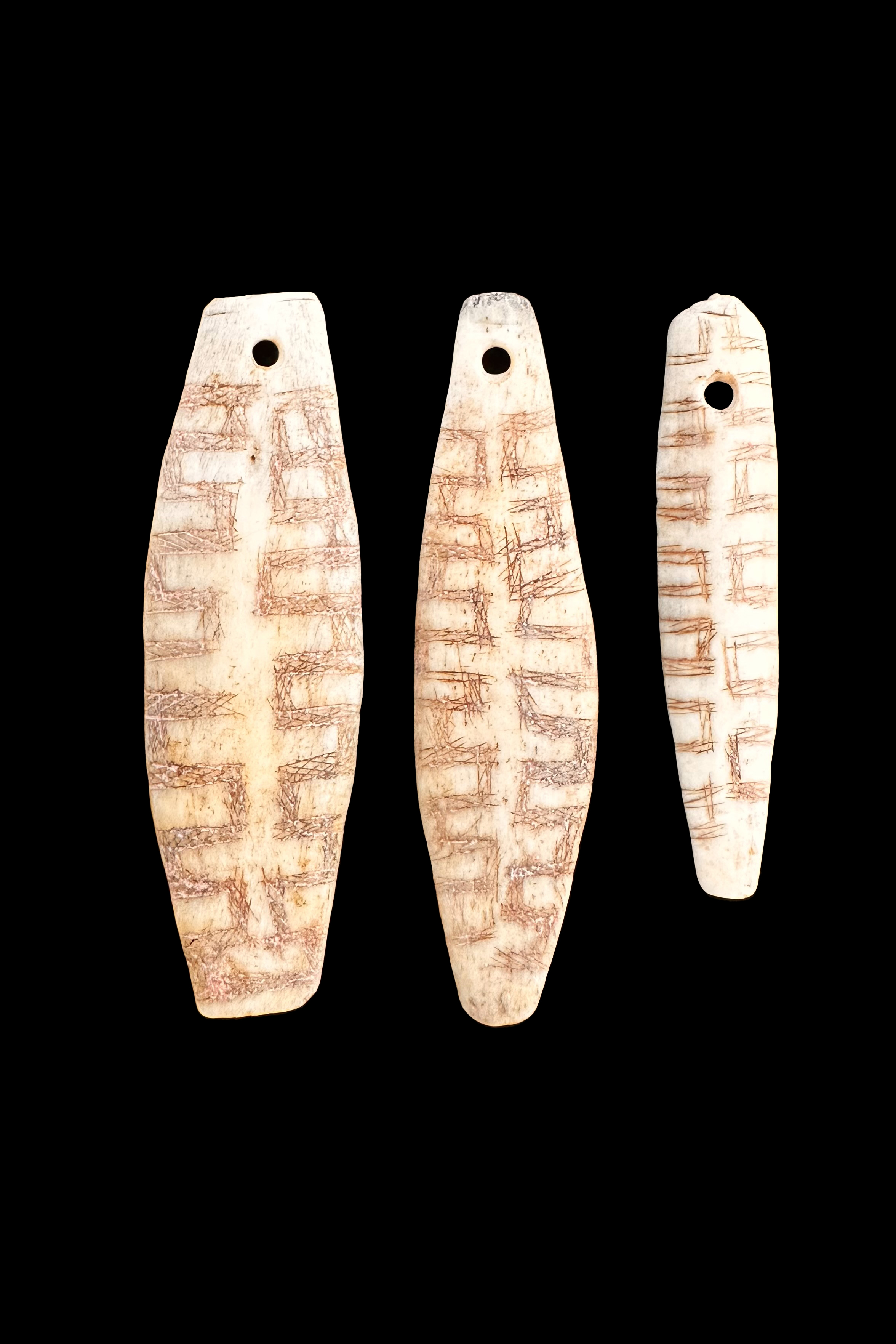 3 Incised Bone Pendants from Baby Carrier - Shipibo-Conibo and Campa people, Peru