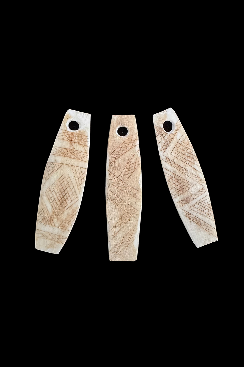 3 Incised Bone Pendants from Baby Carrier - Shipibo-Conibo and Campa people, Peru