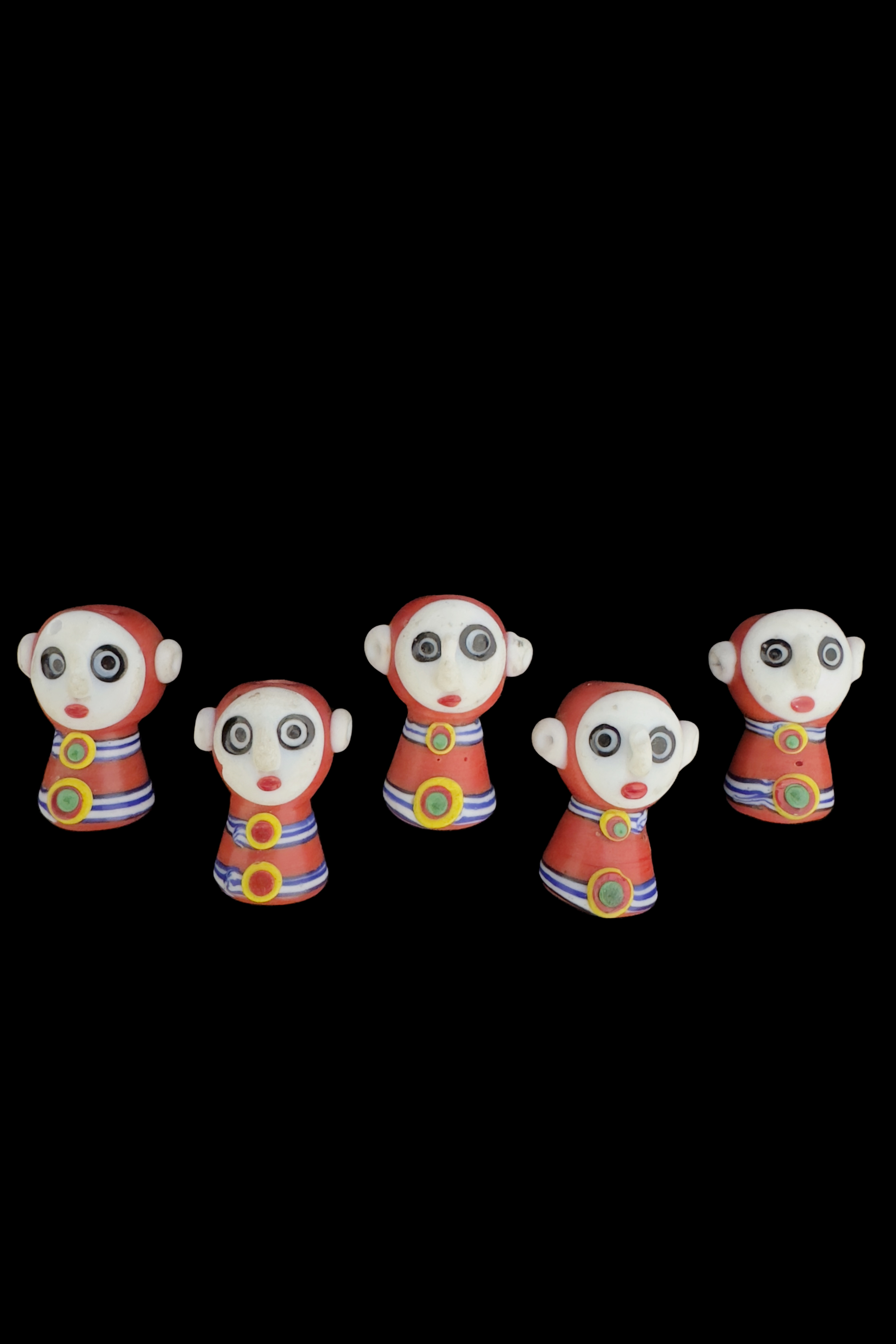 5 Red Glass Beads with White Faces - Java, Indonesia