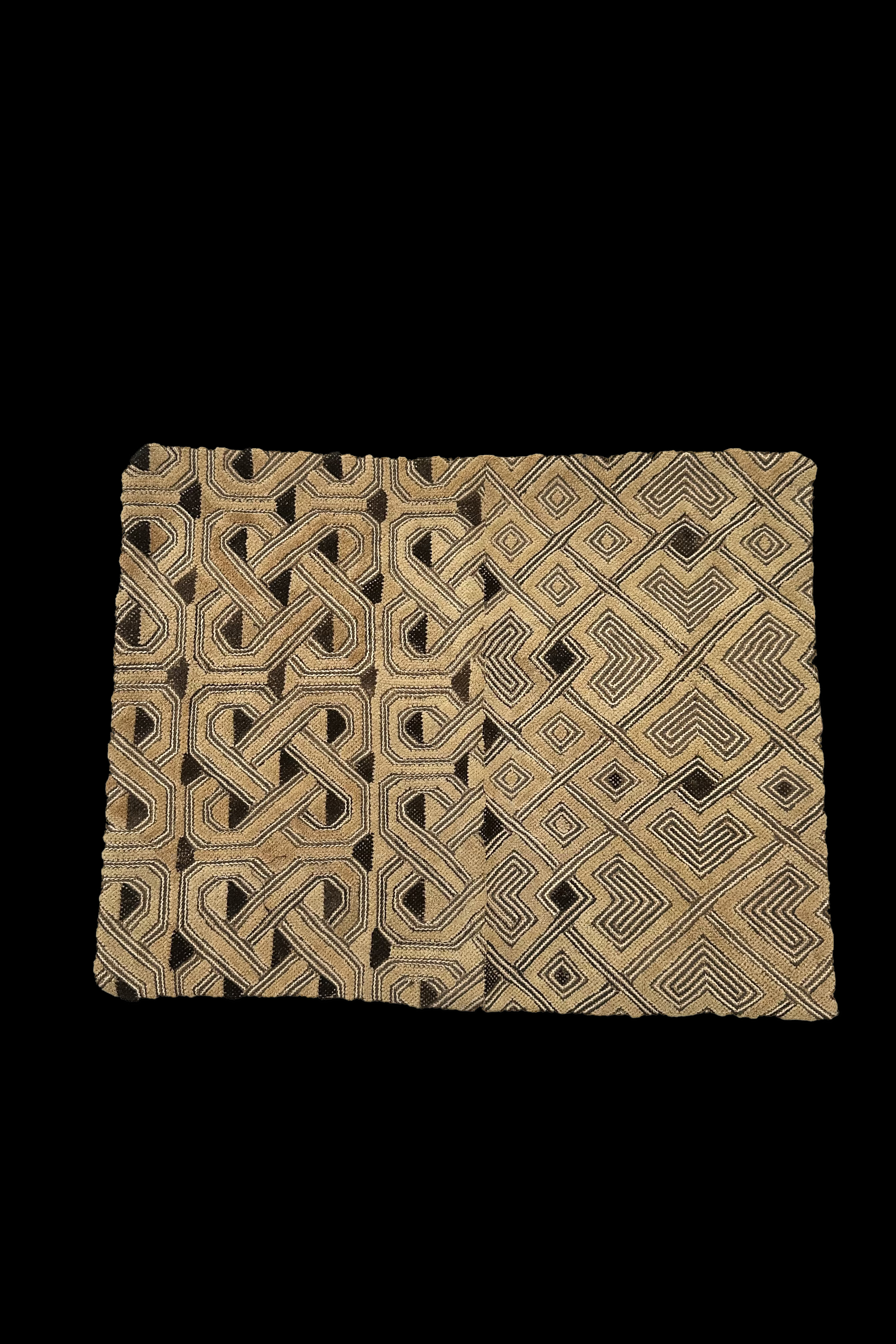 Kuba Cloth Pillow Case with Black Backing and rounded Corners - D. R. Congo