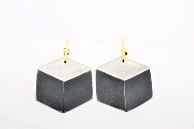 Large Posted Gold Vermeil Stem with Oxidized and Sterling Silver Cube Drops - AWK17p