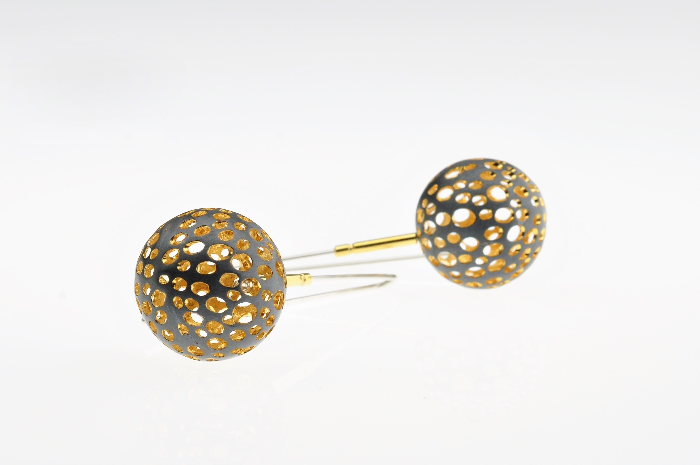 Oxidized Sterling Silver Round Drop Earrings with Gold Vermeil - BAS55d