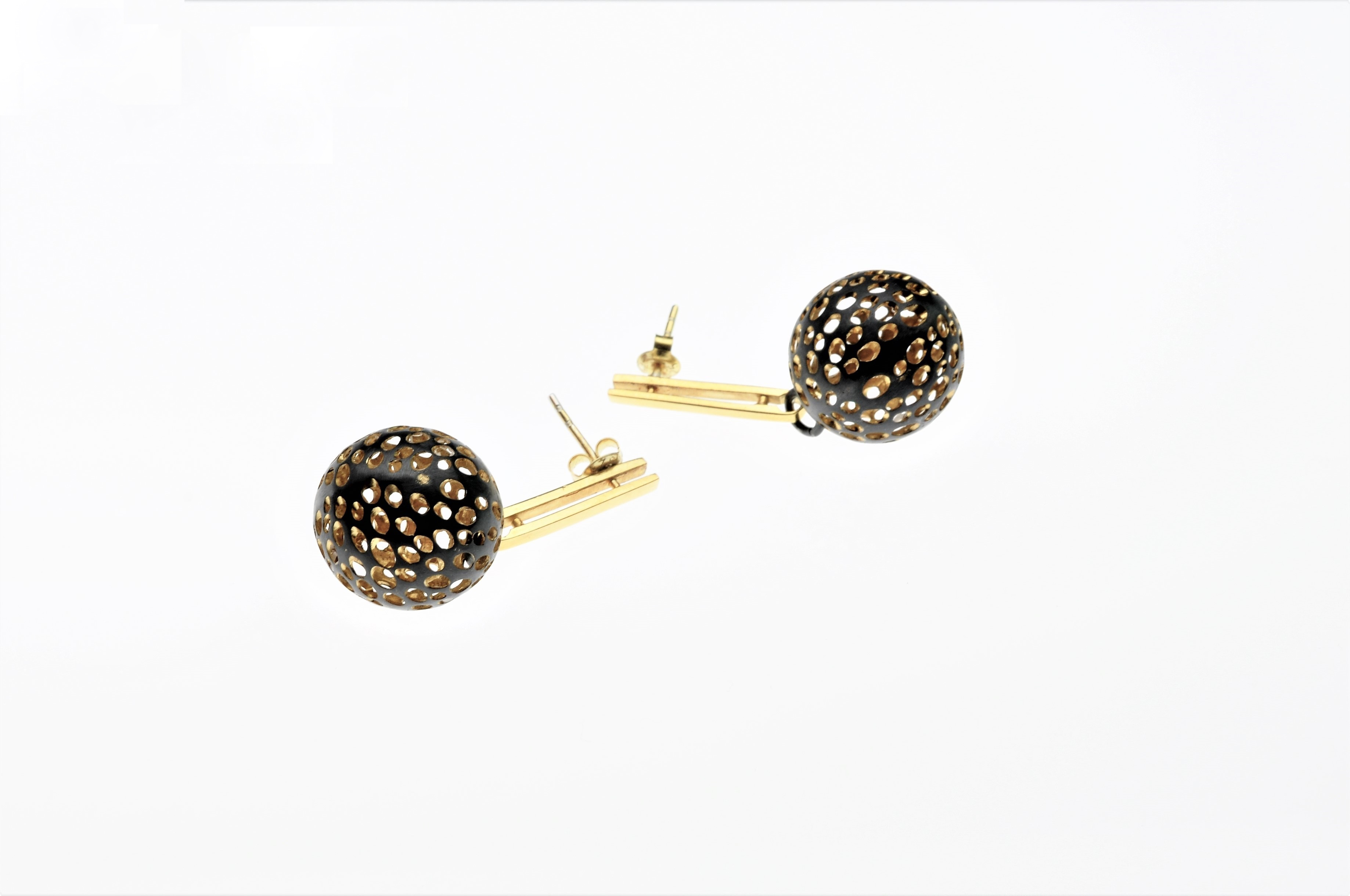Posted Gold Vermeil Stem Earrings with Oxidized Sterling Silver Round Drop - BAS55dz-
