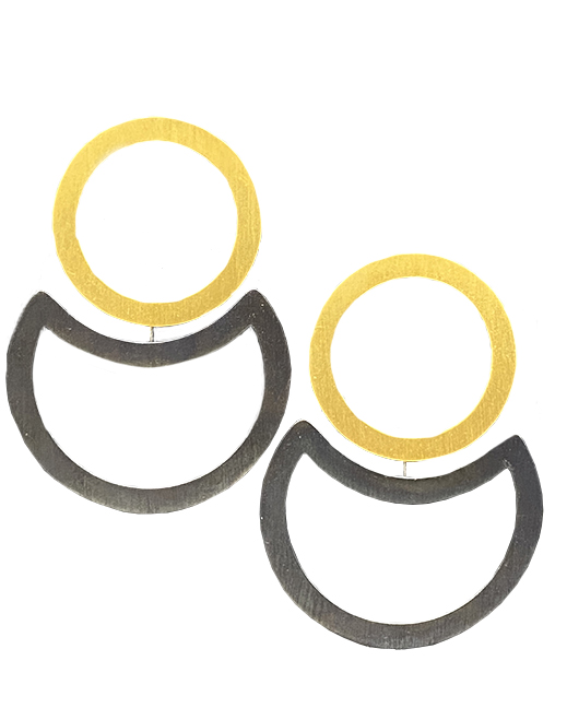 Posted Gold Vermeil Circles over Crescent Moon Shaped Oxidized Sterling Silver Earrings - BAS80e 