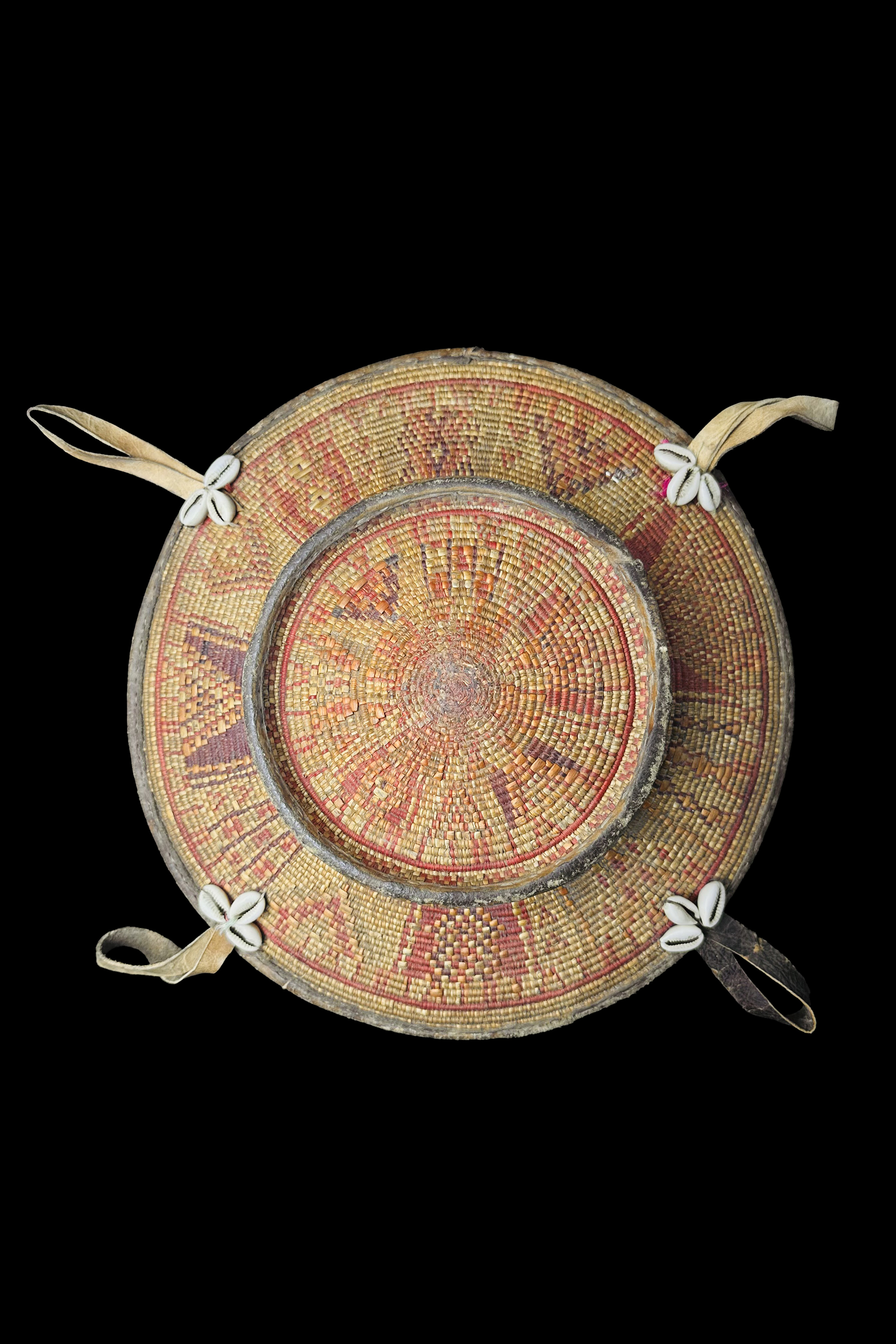 Antique Leather-Trimmed Harari Basket with Cowrie Shell Detailing - Ethiopia