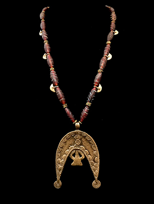 Trade Bead Necklace with Old Bronze Divination Pendant - Nuna People, Burkina Faso