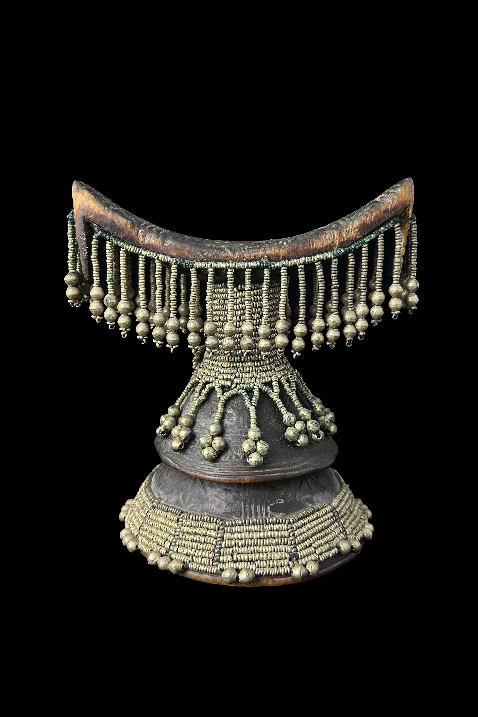 Wood Headrest With Silver White Metal Beads and Dangles, Ethiopia, East Africa - On Reserve