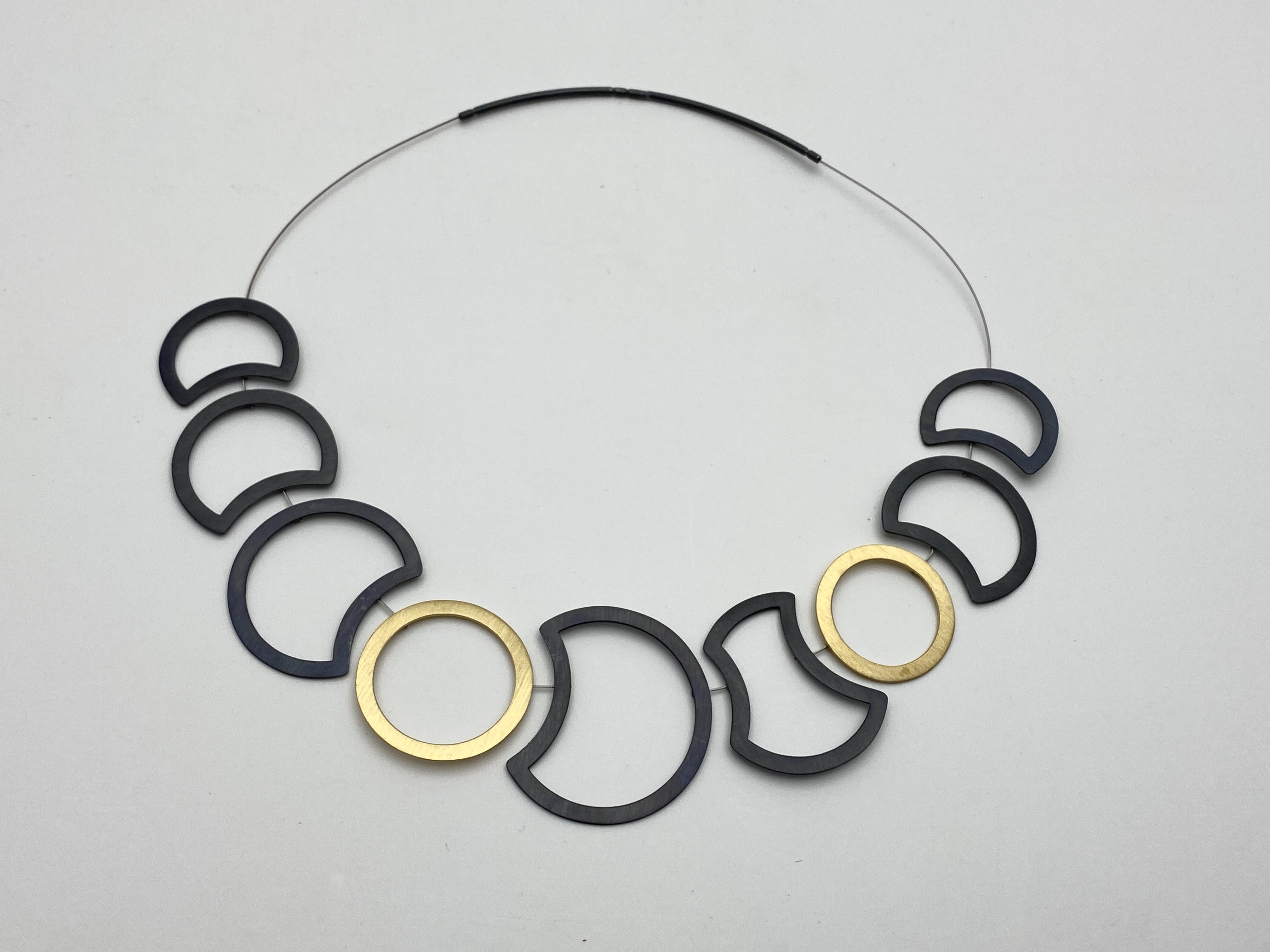 Gold Vermeil Circles over Crescent Moon Shaped Oxidized Sterling Silver Necklace - BAS80A
