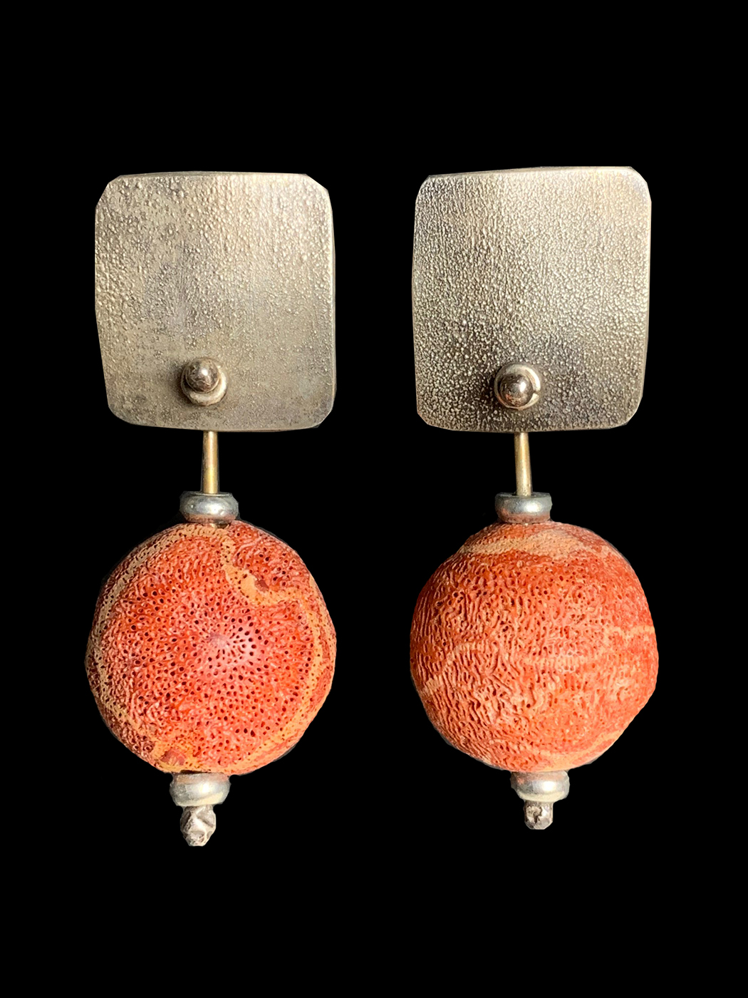Orange coin pearl with sponge coral earrings  La Jolla Designs
