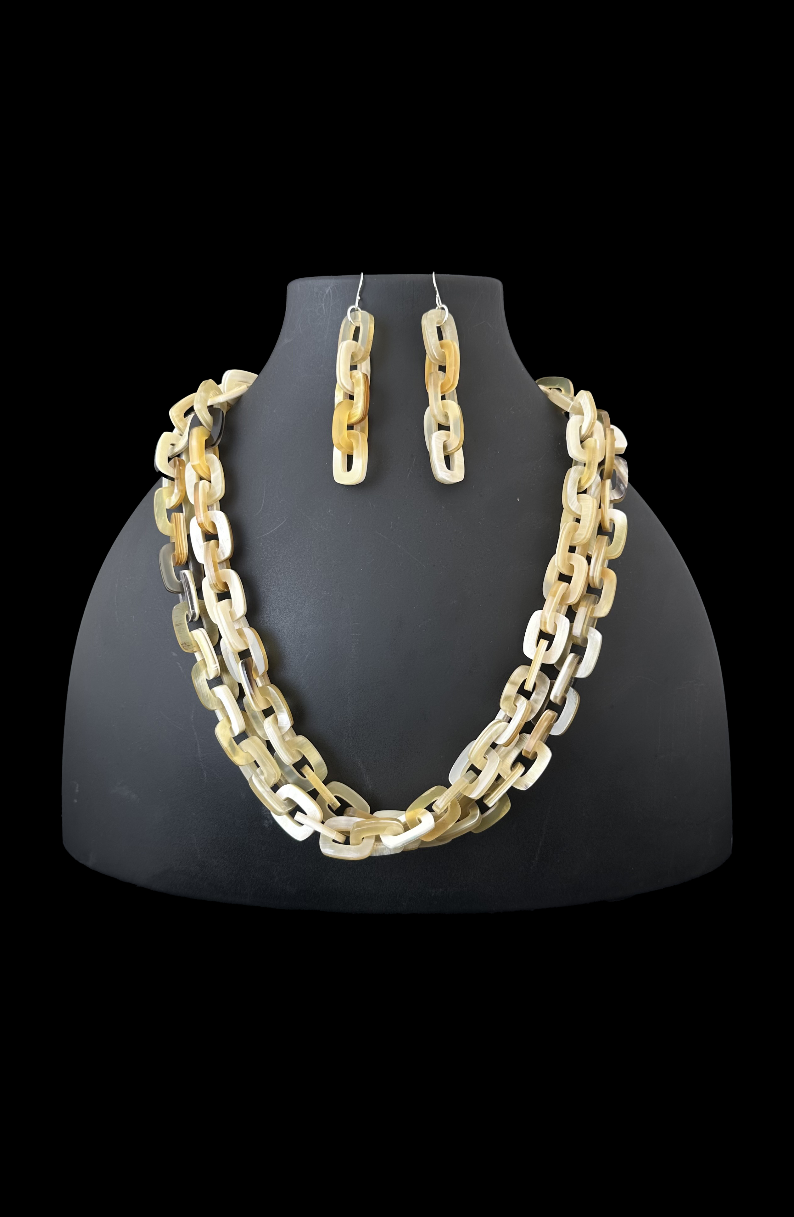 Water Buffalo Horn Double Chain Necklace and Earring Set