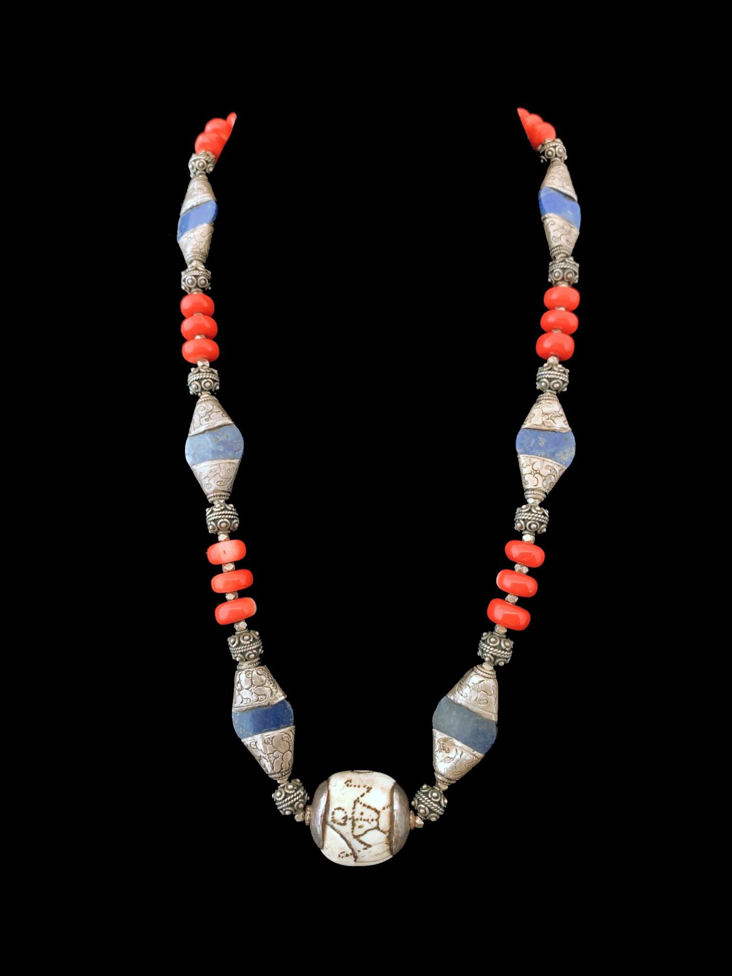 Engraved Naga Centre Bead with Nepalese Lapis - Sold