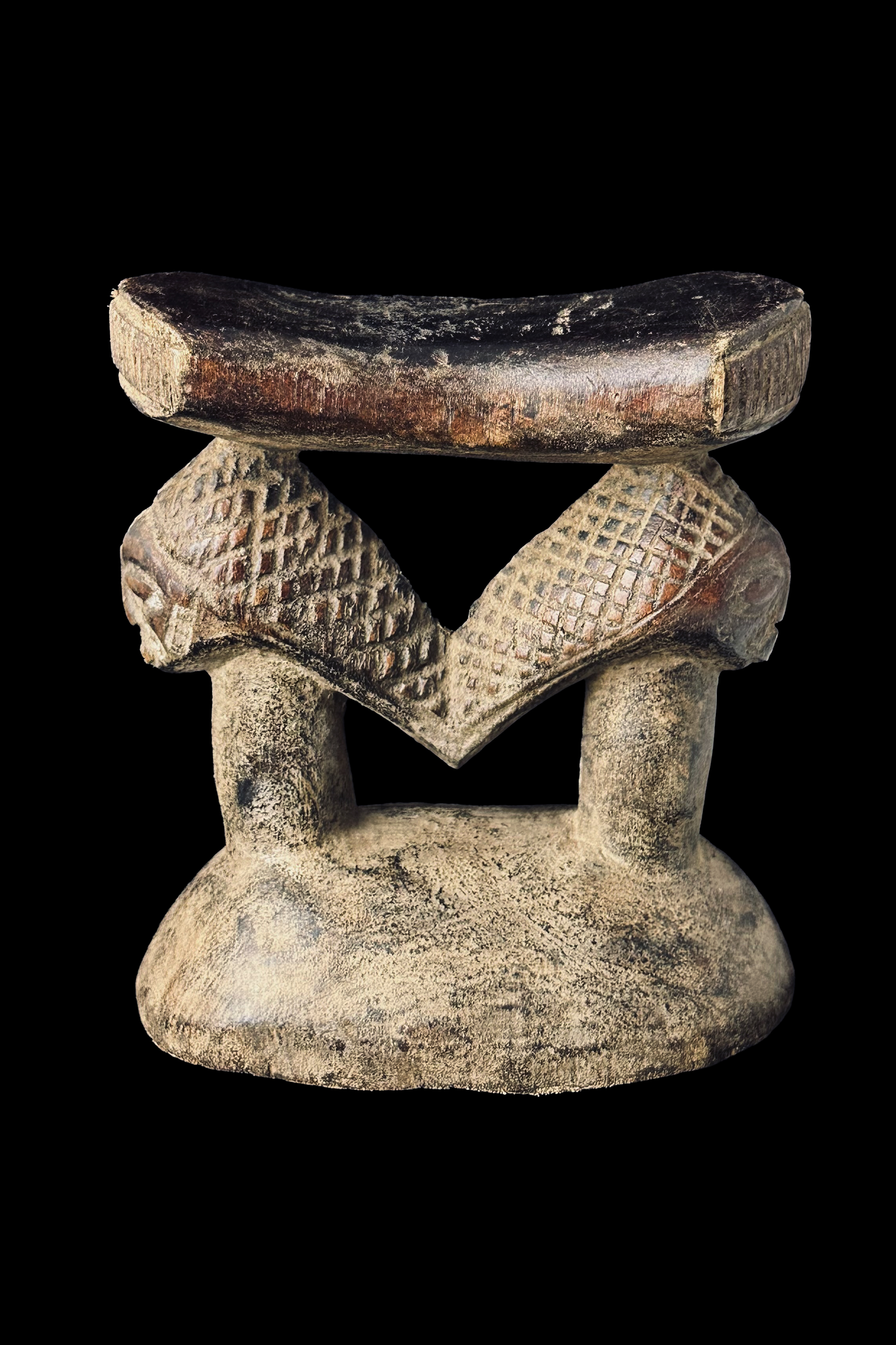 2 Figures Facing Opposite Headrest - Luba People, D.R. Congo
