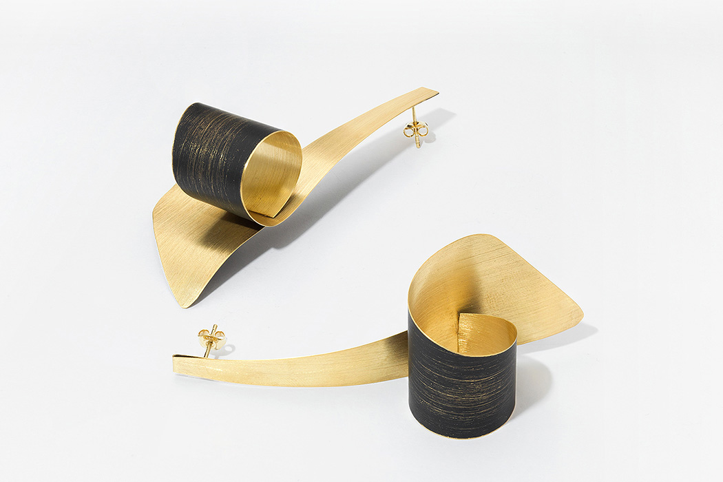 Long Sculptural Gold Vermeil Earrings with Black Oxidized Loop - MP21OXG