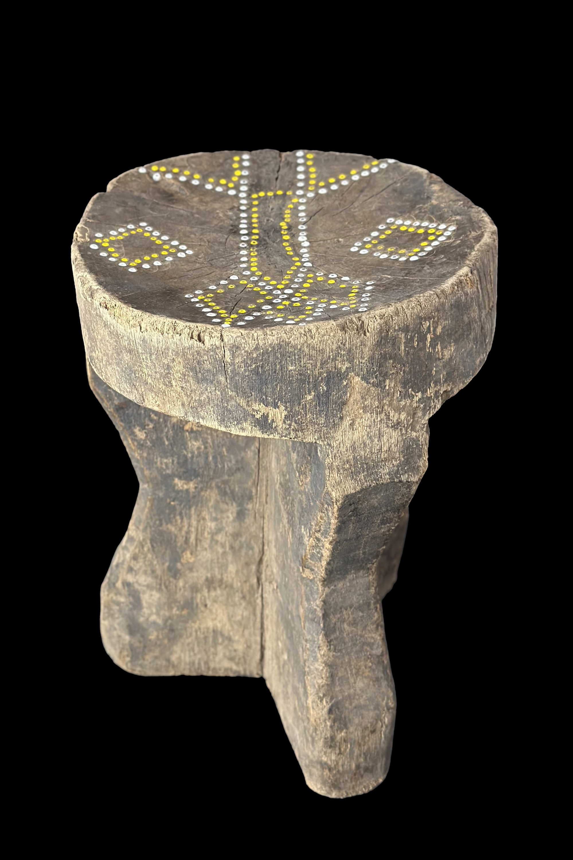 Wooden Stool with Yellow and White Inlaid Beads on Seat - Turkana People, northern Kenya #2