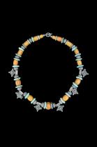 Necklace with Silver Boghdad Crosses, Turquoise, and Phenolic Amber Beads