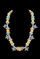 Necklace with Silver Boghdad Crosses, Turquoise, and Phenolic Amber Beads 1