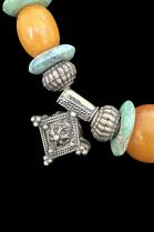 Necklace with Silver Boghdad Crosses, Turquoise, and Phenolic Amber Beads 2
